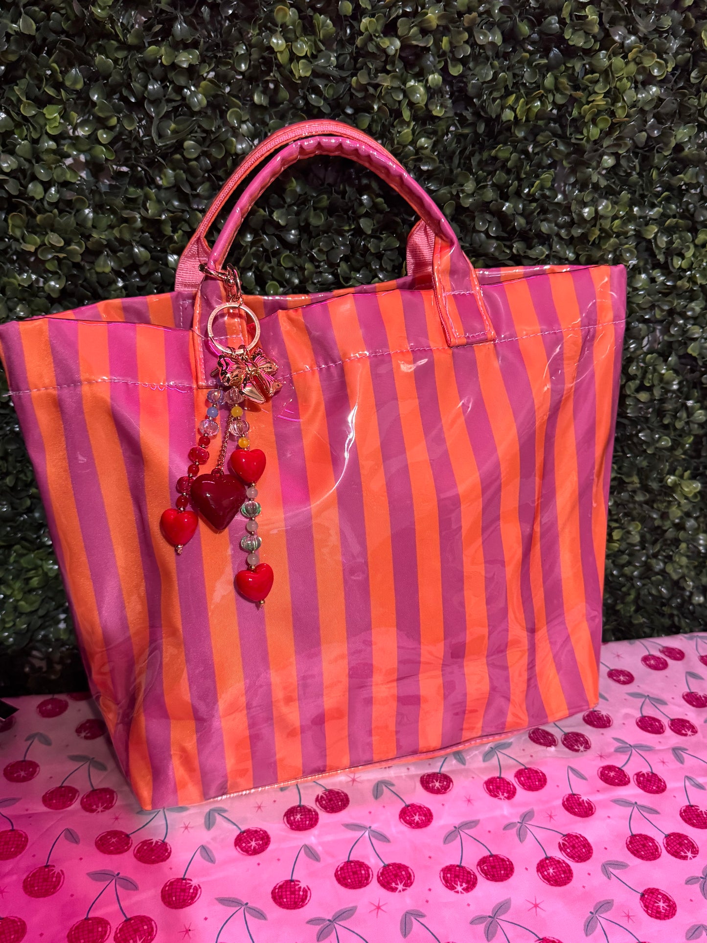 Summer stripes tote bag + beaded bag charm ✨